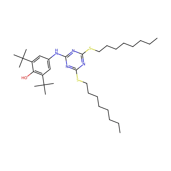 2,4-bis(oktiltio)-6-(4-hidroksi-3,5-di-tert-butilanilino)-1,3,5-triazin molekül yapısı — CAS 991-84-4